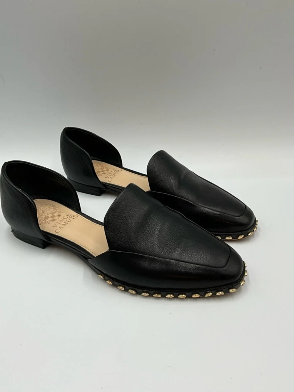 Vince Camuto Loafers Size 5 Black Leather D'Orsay Loafers with Gold Stud Trim